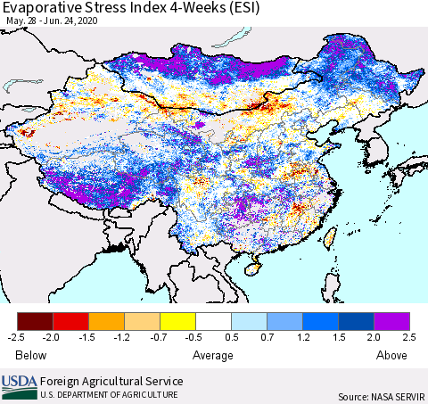 China and Taiwan Evaporative Stress Index 4-Weeks (ESI) Thematic Map For 6/22/2020 - 6/28/2020
