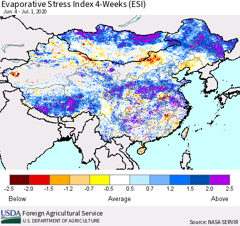 China and Taiwan Evaporative Stress Index 4-Weeks (ESI) Thematic Map For 6/29/2020 - 7/5/2020
