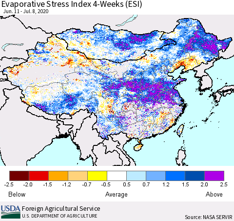 China and Taiwan Evaporative Stress Index 4-Weeks (ESI) Thematic Map For 7/6/2020 - 7/12/2020