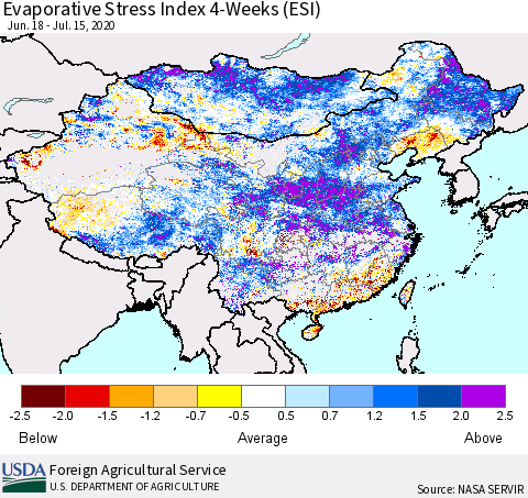 China and Taiwan Evaporative Stress Index 4-Weeks (ESI) Thematic Map For 7/13/2020 - 7/19/2020