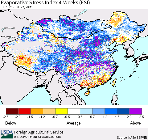 China and Taiwan Evaporative Stress Index 4-Weeks (ESI) Thematic Map For 7/20/2020 - 7/26/2020