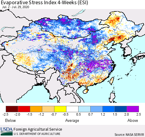 China and Taiwan Evaporative Stress Index 4-Weeks (ESI) Thematic Map For 7/27/2020 - 8/2/2020