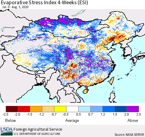 China and Taiwan Evaporative Stress Index 4-Weeks (ESI) Thematic Map For 8/3/2020 - 8/9/2020