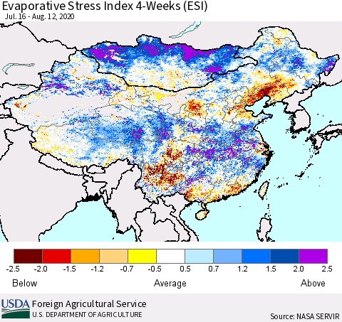 China, Mongolia and Taiwan Evaporative Stress Index (ESI), 4-Weeks Thematic Map For 8/10/2020 - 8/16/2020