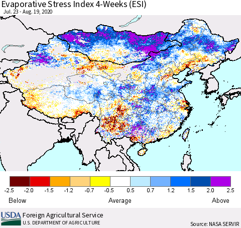 China, Mongolia and Taiwan Evaporative Stress Index (ESI), 4-Weeks Thematic Map For 8/17/2020 - 8/23/2020