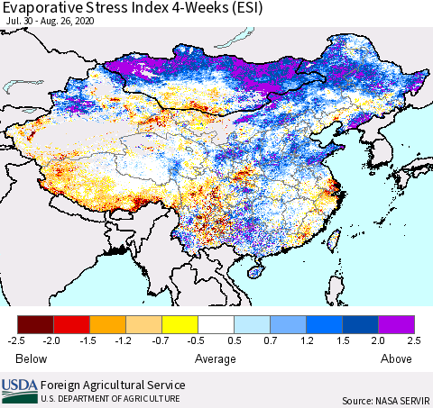 China, Mongolia and Taiwan Evaporative Stress Index (ESI), 4-Weeks Thematic Map For 8/24/2020 - 8/30/2020