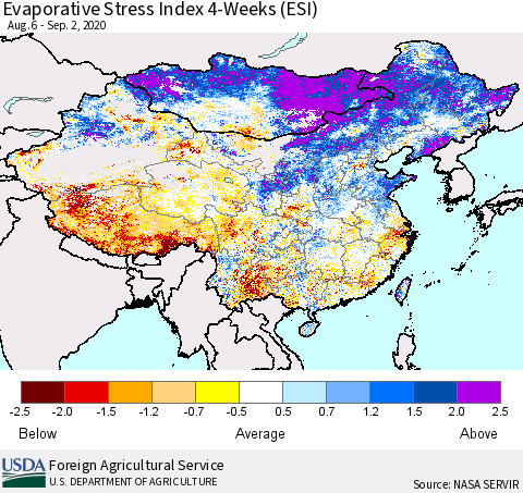 China and Taiwan Evaporative Stress Index 4-Weeks (ESI) Thematic Map For 8/31/2020 - 9/6/2020