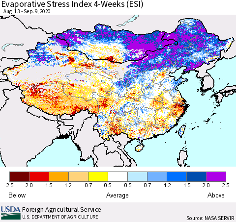 China and Taiwan Evaporative Stress Index 4-Weeks (ESI) Thematic Map For 9/7/2020 - 9/13/2020