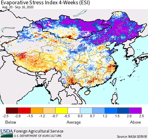 China and Taiwan Evaporative Stress Index 4-Weeks (ESI) Thematic Map For 9/14/2020 - 9/20/2020