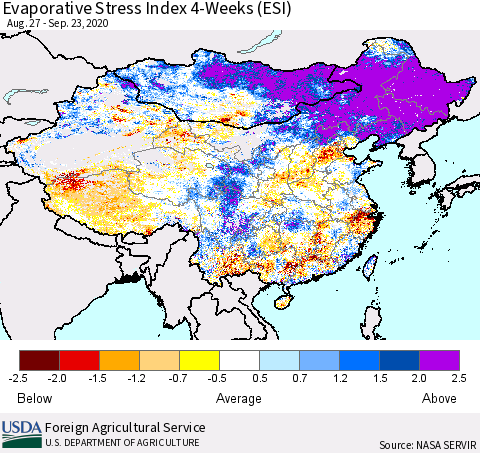China, Mongolia and Taiwan Evaporative Stress Index (ESI), 4-Weeks Thematic Map For 9/21/2020 - 9/27/2020