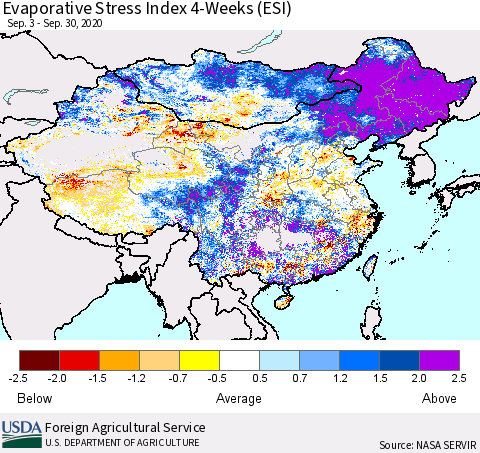 China and Taiwan Evaporative Stress Index 4-Weeks (ESI) Thematic Map For 9/28/2020 - 10/4/2020