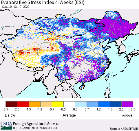 China and Taiwan Evaporative Stress Index 4-Weeks (ESI) Thematic Map For 10/5/2020 - 10/11/2020