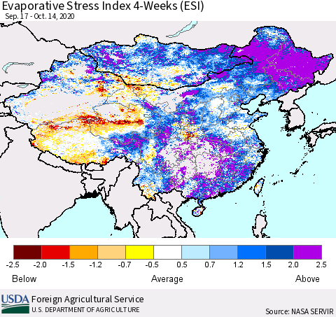 China, Mongolia and Taiwan Evaporative Stress Index (ESI), 4-Weeks Thematic Map For 10/12/2020 - 10/18/2020