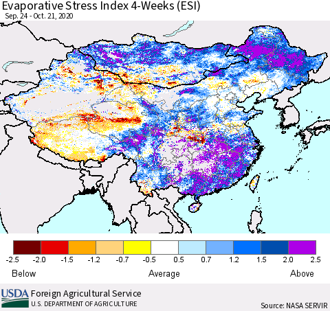 China, Mongolia and Taiwan Evaporative Stress Index (ESI), 4-Weeks Thematic Map For 10/19/2020 - 10/25/2020
