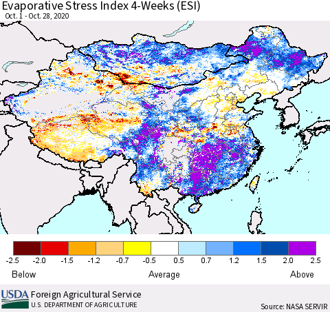 China and Taiwan Evaporative Stress Index 4-Weeks (ESI) Thematic Map For 10/26/2020 - 11/1/2020