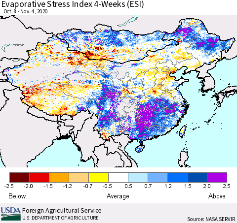 China, Mongolia and Taiwan Evaporative Stress Index (ESI), 4-Weeks Thematic Map For 11/2/2020 - 11/8/2020