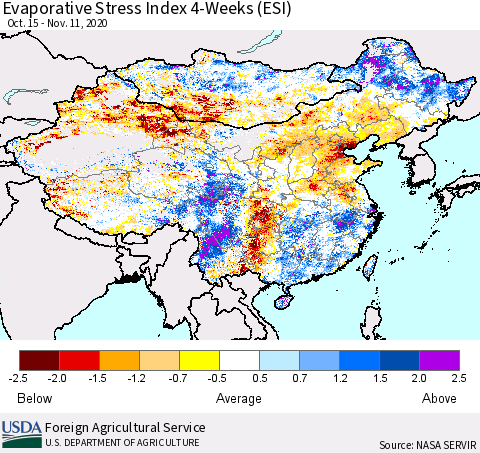 China, Mongolia and Taiwan Evaporative Stress Index (ESI), 4-Weeks Thematic Map For 11/9/2020 - 11/15/2020