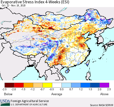 China, Mongolia and Taiwan Evaporative Stress Index (ESI), 4-Weeks Thematic Map For 11/16/2020 - 11/22/2020