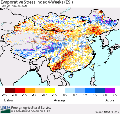 China, Mongolia and Taiwan Evaporative Stress Index (ESI), 4-Weeks Thematic Map For 11/23/2020 - 11/29/2020