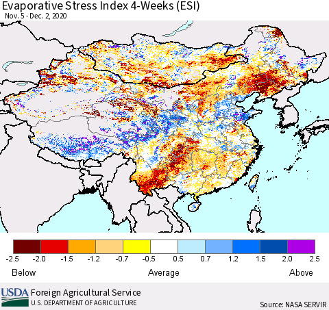China, Mongolia and Taiwan Evaporative Stress Index (ESI), 4-Weeks Thematic Map For 11/30/2020 - 12/6/2020