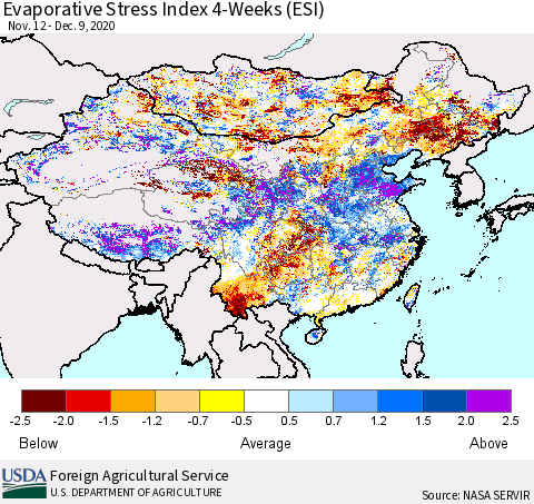China, Mongolia and Taiwan Evaporative Stress Index (ESI), 4-Weeks Thematic Map For 12/7/2020 - 12/13/2020