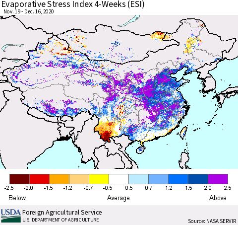 China, Mongolia and Taiwan Evaporative Stress Index (ESI), 4-Weeks Thematic Map For 12/14/2020 - 12/20/2020
