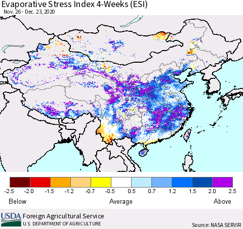 China, Mongolia and Taiwan Evaporative Stress Index (ESI), 4-Weeks Thematic Map For 12/21/2020 - 12/27/2020