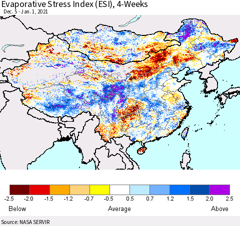 China, Mongolia and Taiwan Evaporative Stress Index (ESI), 4-Weeks Thematic Map For 12/28/2020 - 1/3/2021
