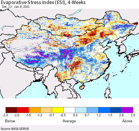 China, Mongolia and Taiwan Evaporative Stress Index (ESI), 4-Weeks Thematic Map For 1/4/2021 - 1/10/2021