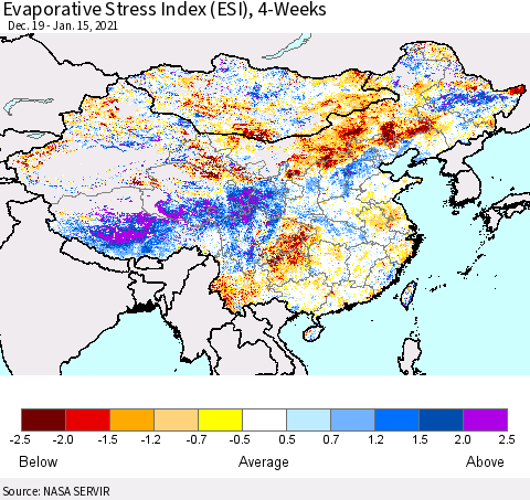 China, Mongolia and Taiwan Evaporative Stress Index (ESI), 4-Weeks Thematic Map For 1/11/2021 - 1/17/2021