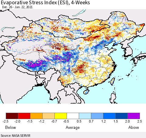 China, Mongolia and Taiwan Evaporative Stress Index (ESI), 4-Weeks Thematic Map For 1/18/2021 - 1/24/2021