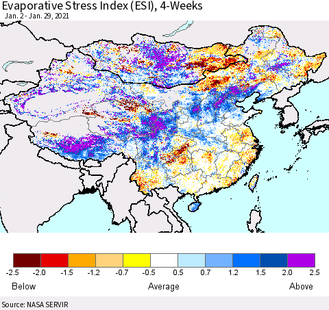 China, Mongolia and Taiwan Evaporative Stress Index (ESI), 4-Weeks Thematic Map For 1/25/2021 - 1/31/2021