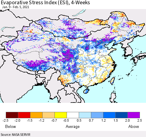China, Mongolia and Taiwan Evaporative Stress Index (ESI), 4-Weeks Thematic Map For 2/1/2021 - 2/7/2021