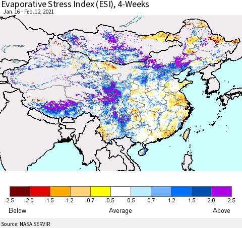 China, Mongolia and Taiwan Evaporative Stress Index (ESI), 4-Weeks Thematic Map For 2/8/2021 - 2/14/2021