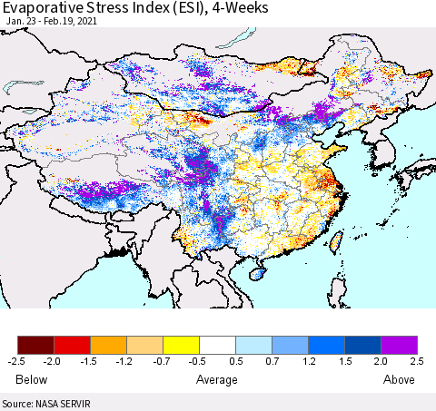 China, Mongolia and Taiwan Evaporative Stress Index (ESI), 4-Weeks Thematic Map For 2/15/2021 - 2/21/2021