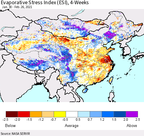 China, Mongolia and Taiwan Evaporative Stress Index (ESI), 4-Weeks Thematic Map For 2/22/2021 - 2/28/2021