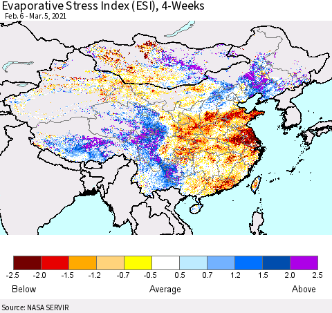 China and Taiwan Evaporative Stress Index 4-Weeks (ESI) Thematic Map For 3/1/2021 - 3/7/2021