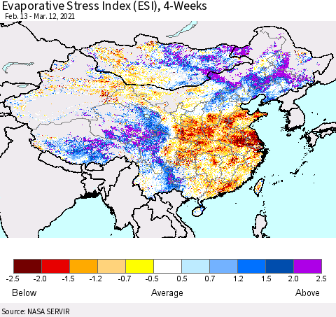 China, Mongolia and Taiwan Evaporative Stress Index (ESI), 4-Weeks Thematic Map For 3/8/2021 - 3/14/2021