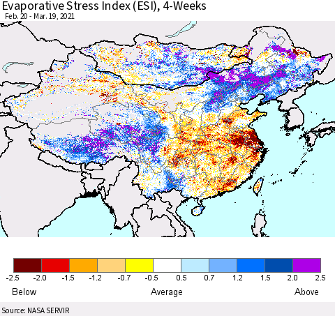 China and Taiwan Evaporative Stress Index 4-Weeks (ESI) Thematic Map For 3/15/2021 - 3/21/2021