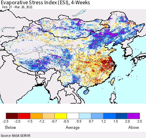 China and Taiwan Evaporative Stress Index 4-Weeks (ESI) Thematic Map For 3/22/2021 - 3/28/2021