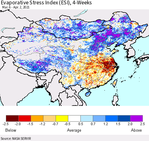 China and Taiwan Evaporative Stress Index 4-Weeks (ESI) Thematic Map For 3/29/2021 - 4/4/2021