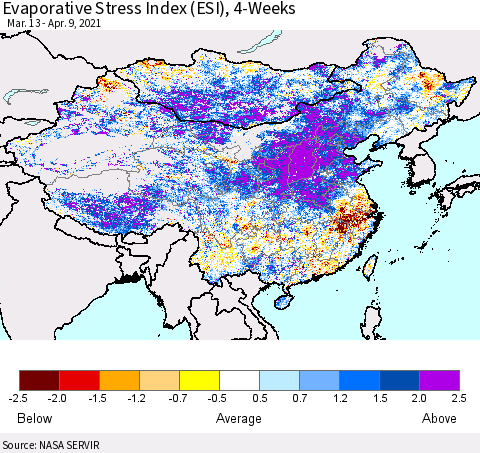 China and Taiwan Evaporative Stress Index 4-Weeks (ESI) Thematic Map For 4/5/2021 - 4/11/2021