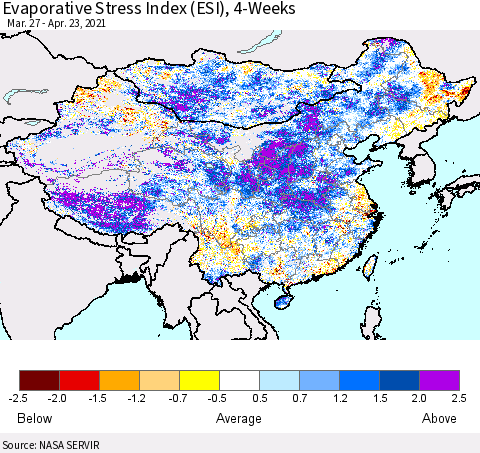 China and Taiwan Evaporative Stress Index 4-Weeks (ESI) Thematic Map For 4/19/2021 - 4/25/2021