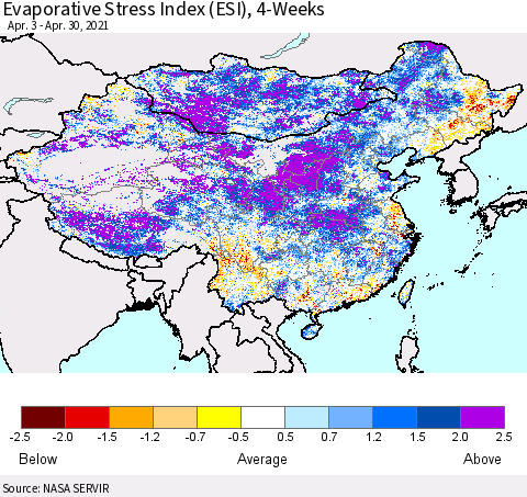 China, Mongolia and Taiwan Evaporative Stress Index (ESI), 4-Weeks Thematic Map For 4/26/2021 - 5/2/2021