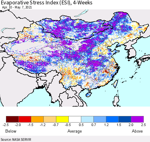 China, Mongolia and Taiwan Evaporative Stress Index (ESI), 4-Weeks Thematic Map For 5/3/2021 - 5/9/2021
