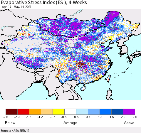 China and Taiwan Evaporative Stress Index 4-Weeks (ESI) Thematic Map For 5/10/2021 - 5/16/2021