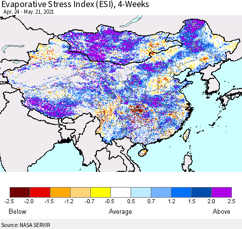 China and Taiwan Evaporative Stress Index 4-Weeks (ESI) Thematic Map For 5/17/2021 - 5/23/2021
