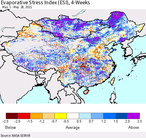China, Mongolia and Taiwan Evaporative Stress Index (ESI), 4-Weeks Thematic Map For 5/24/2021 - 5/30/2021