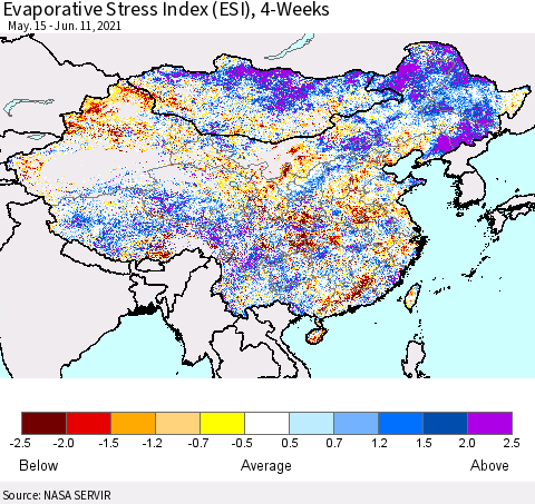 China and Taiwan Evaporative Stress Index 4-Weeks (ESI) Thematic Map For 6/7/2021 - 6/13/2021
