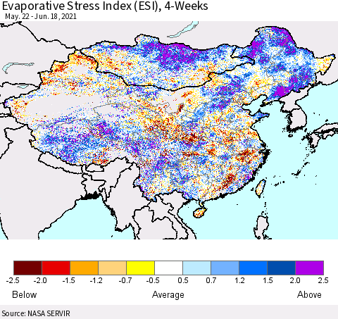 China and Taiwan Evaporative Stress Index 4-Weeks (ESI) Thematic Map For 6/14/2021 - 6/20/2021